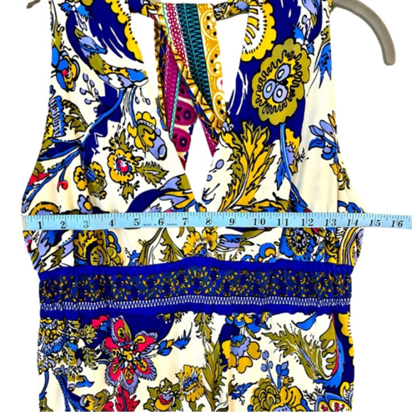 HALE BOB Top V-Neck Halter T-Back 100% Silk Floral Paisley Blue Gold Wom… - Picture 7 of 9